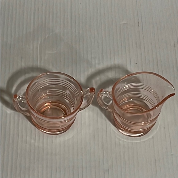 Vintage Pink Depression Glass Anchor Hocking Banded Rings Cream and Sugar - Picture 3 of 7